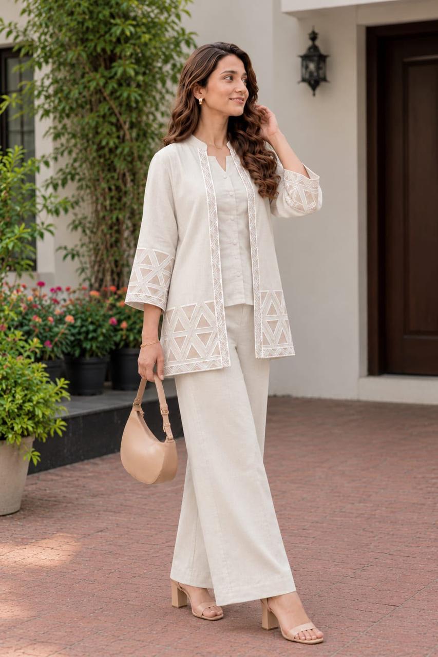 Beige Cotton Flex Embroidered Jacket, Inner Top & Straight Pants 3-Piece Co-Ord Set