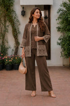 Beige Cotton Flex Embroidered Jacket, Inner Top & Straight Pants 3-Piece Co-Ord Set