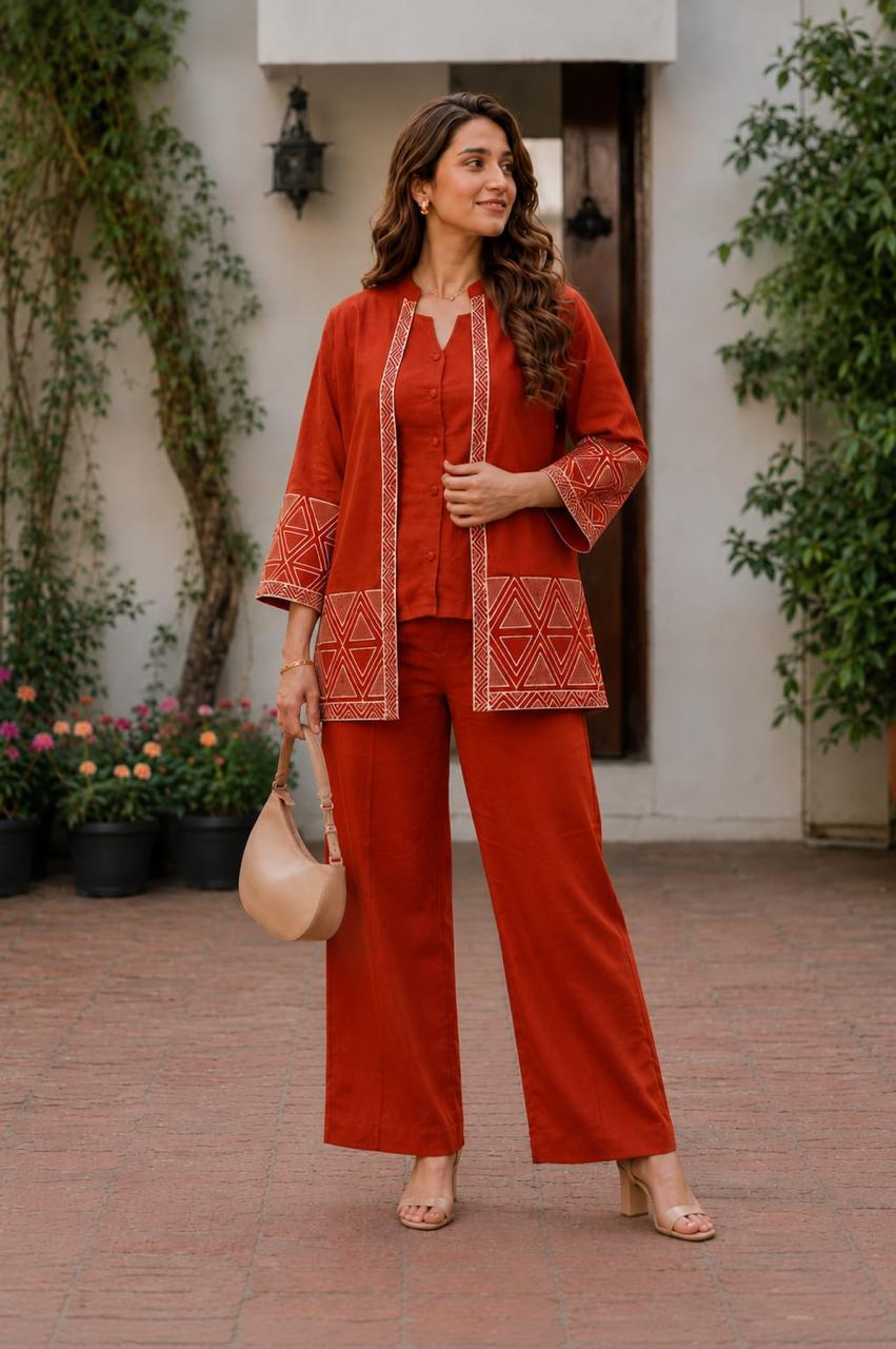 Beige Cotton Flex Embroidered Jacket, Inner Top & Straight Pants 3-Piece Co-Ord Set