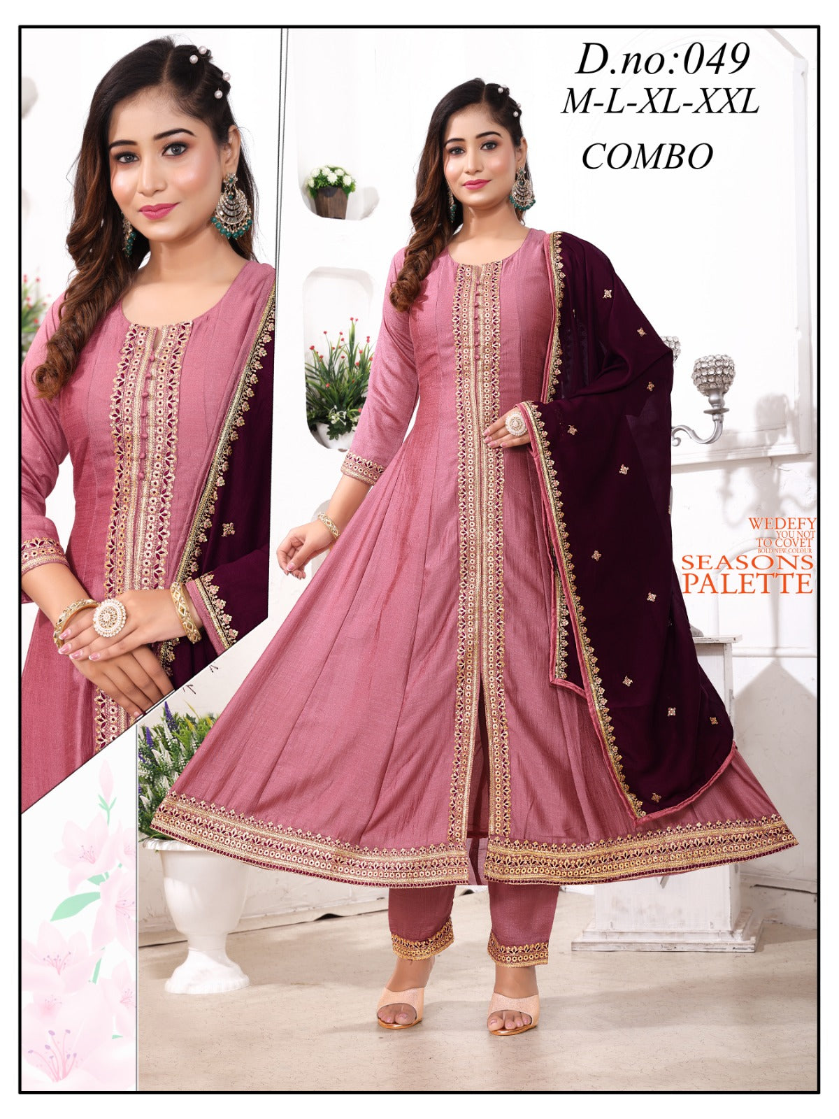 Onion Pink Vichitra Silk Embroidered Anarkali Suit Set with Contrast Velvet Dupatta