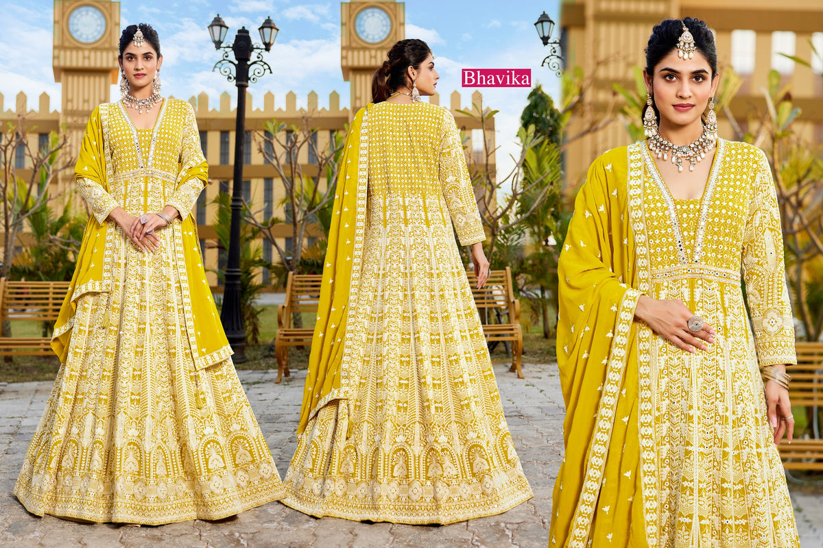 Bhavika Yellow Fox Georgette Chikankari Heavy Work Evening Gown Suit Set