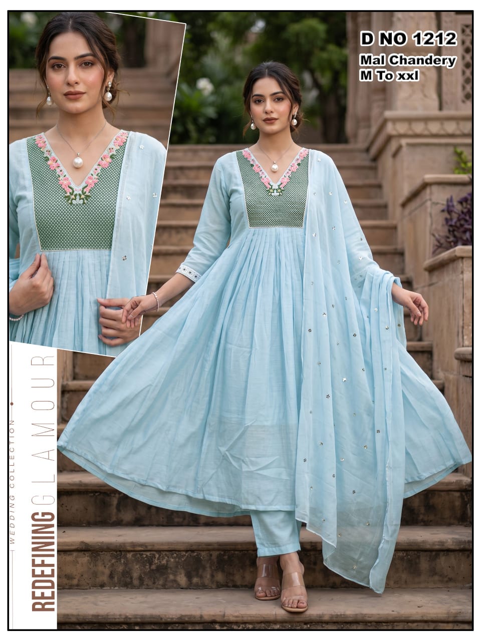 Peach Mal Chanderi Embroidered Frock Anarkali Suit Set with Dupatta