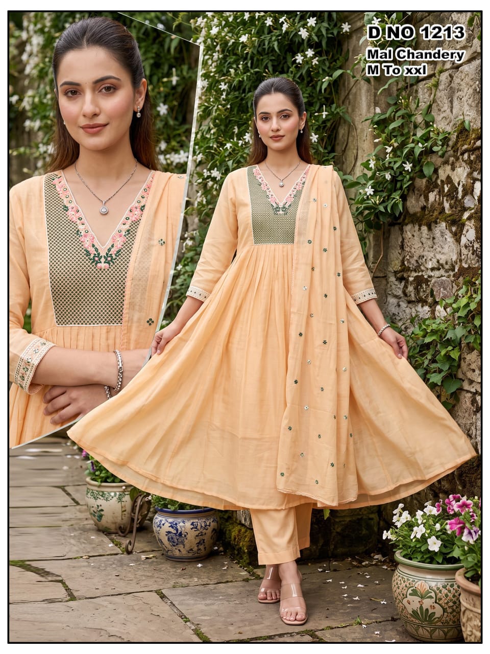 Peach Mal Chanderi Embroidered Frock Anarkali Suit Set with Dupatta