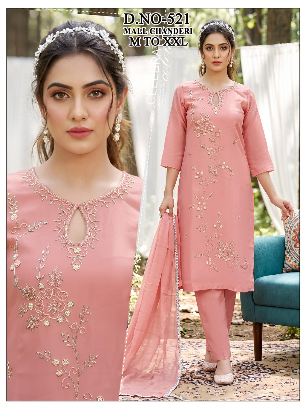 Dusty Peach Mal Chanderi Embroidered Kurta Set with Pants & Dupatta