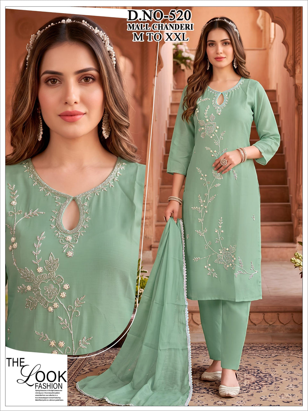 Dusty Peach Mal Chanderi Embroidered Kurta Set with Pants & Dupatta