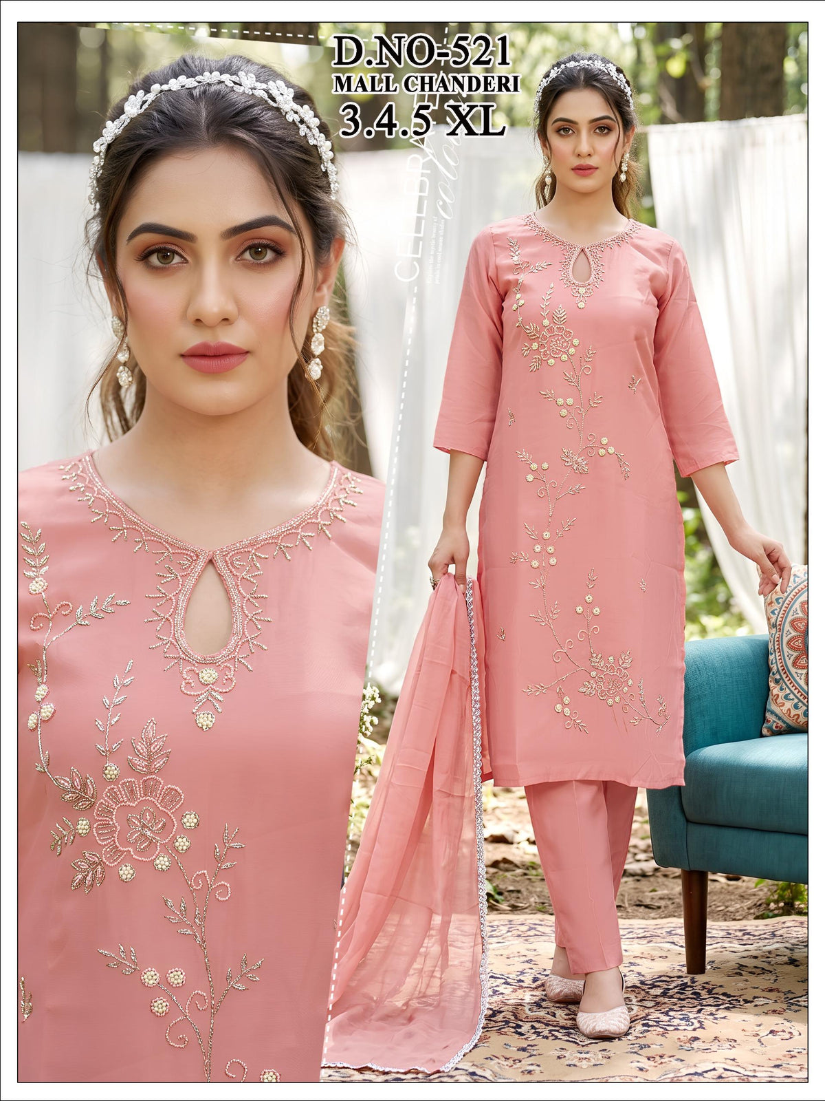 Dusty Peach Mal Chanderi Embroidered Kurta Set with Pants & Dupatta
