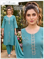 Chanderi Handwork Embroidered Kurta Set with Pants & Dupatta 3pc