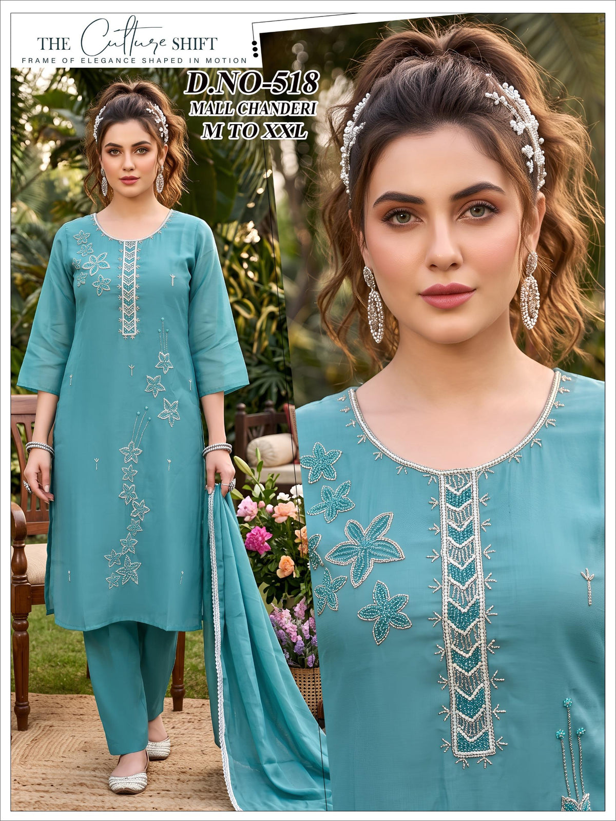 Chanderi Handwork Embroidered Kurta Set with Pants & Dupatta 3pc