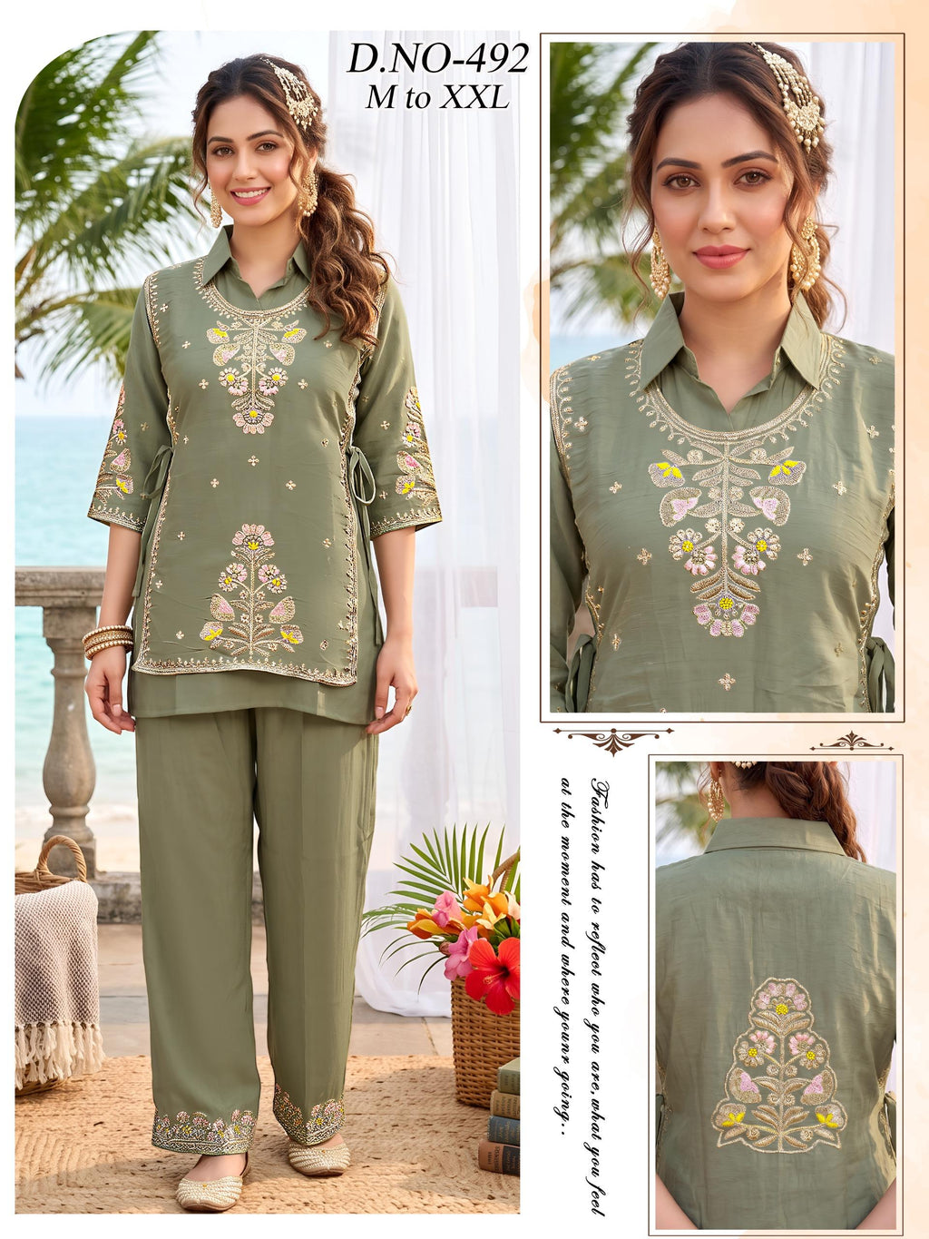 Sage Grey Bombay Fabric Shirt-Collar Embroidered Kurti & Wide-Leg Palazzo Co-Ord Set