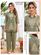 Sage Grey Bombay Fabric Shirt-Collar Embroidered Kurti & Wide-Leg Palazzo Co-Ord Set