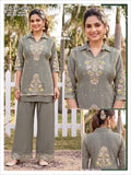 Sage Grey Bombay Fabric Shirt-Collar Embroidered Kurti & Wide-Leg Palazzo Co-Ord Set