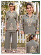 Sage Grey Bombay Fabric Shirt-Collar Embroidered Kurti & Wide-Leg Palazzo Co-Ord Set