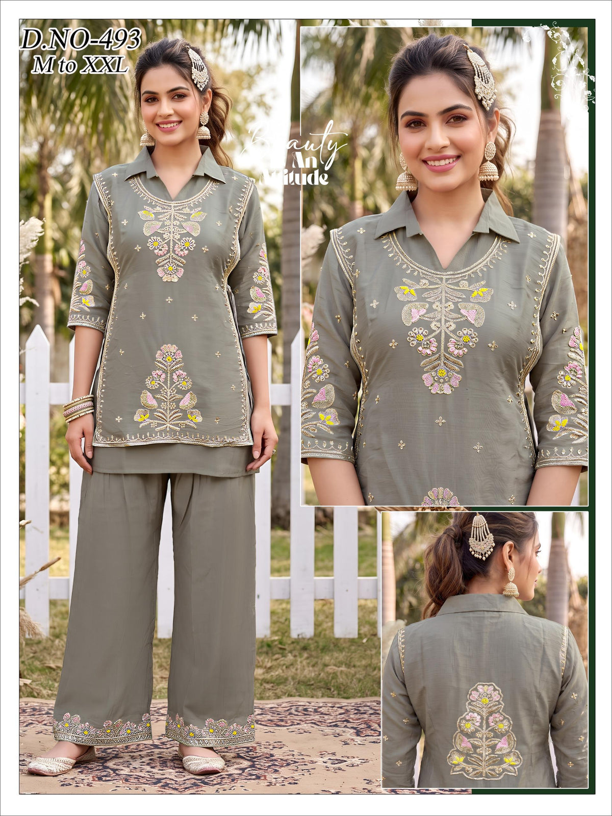 Sage Grey Bombay Fabric Shirt-Collar Embroidered Kurti & Wide-Leg Palazzo Co-Ord Set