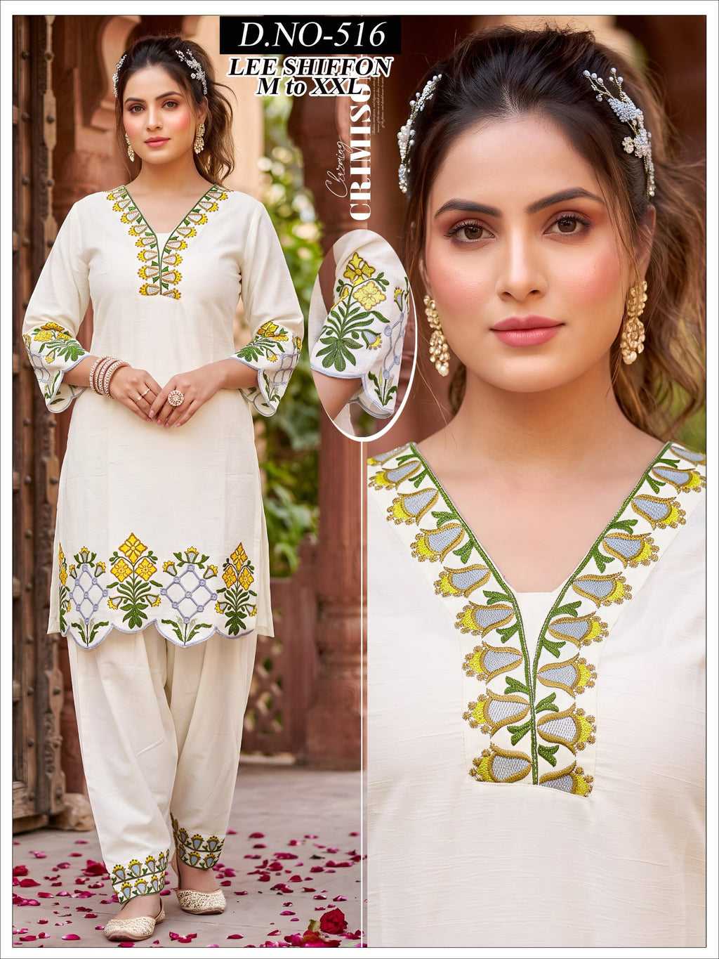 Pistachio Green Lee Shiffon Embroidered Kurti with Farsi Salwar Set