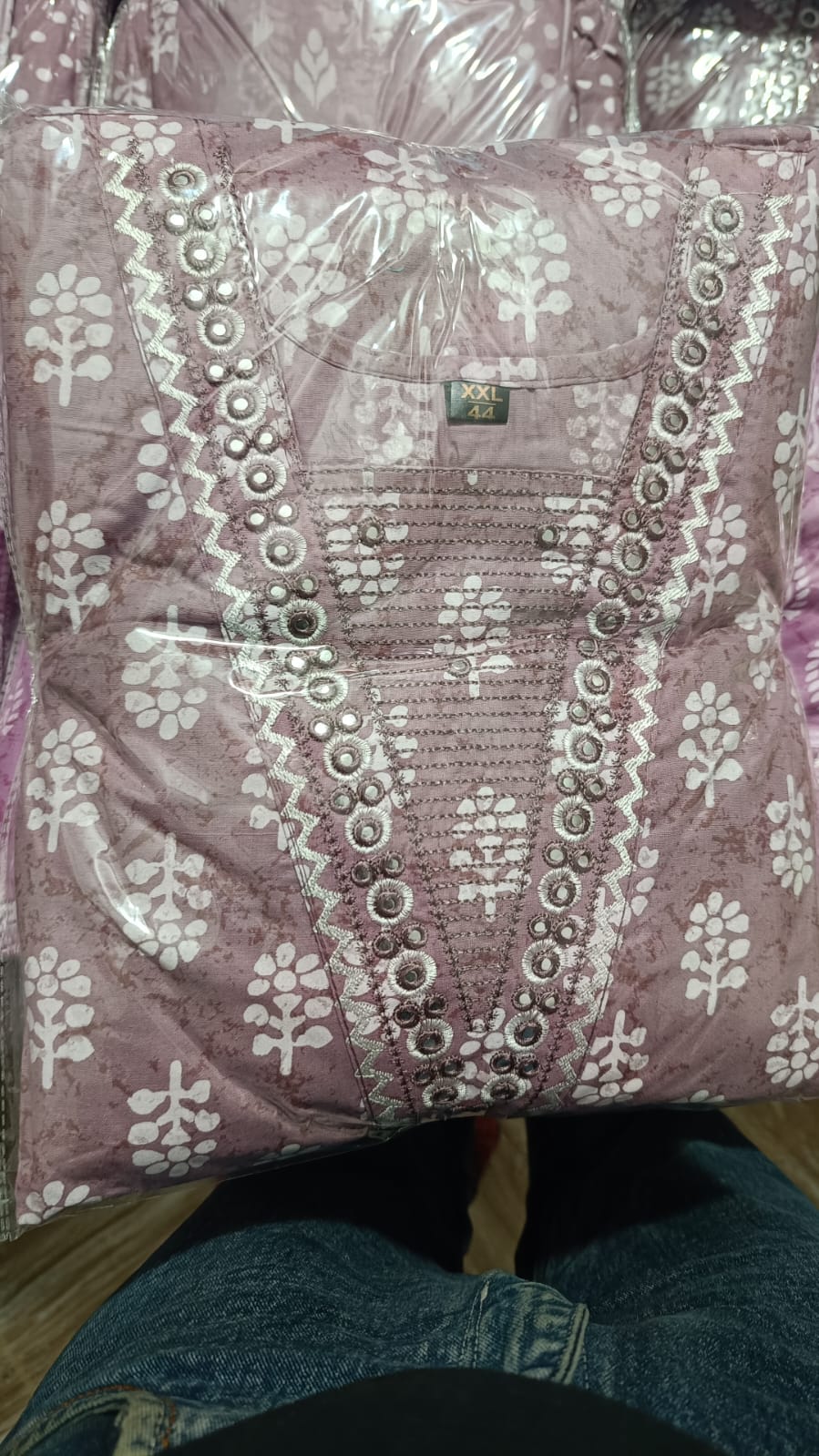Mauve Lavender Cotton Printed Gopi Dress Set with Mirror & Threadwork Yoke