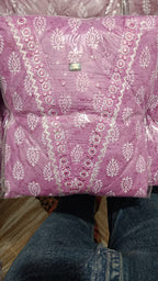 Mauve Lavender Cotton Printed Gopi Dress Set with Mirror & Threadwork Yoke