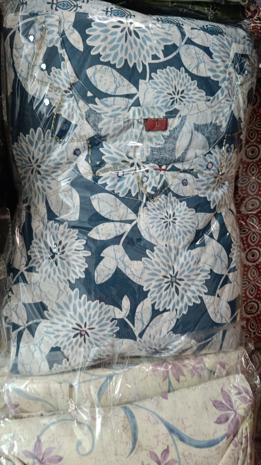 Mauve Lavender Cotton Printed Gopi Dress Set with Mirror & Threadwork Yoke