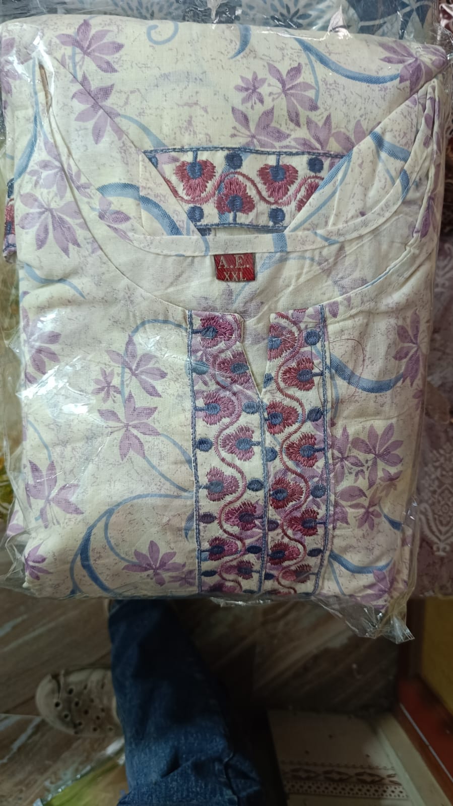 Mauve Lavender Cotton Printed Gopi Dress Set with Mirror & Threadwork Yoke
