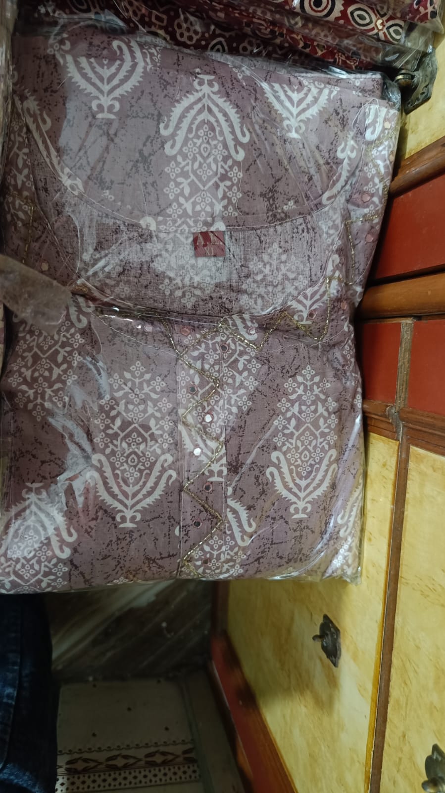 Mauve Lavender Cotton Printed Gopi Dress Set with Mirror & Threadwork Yoke