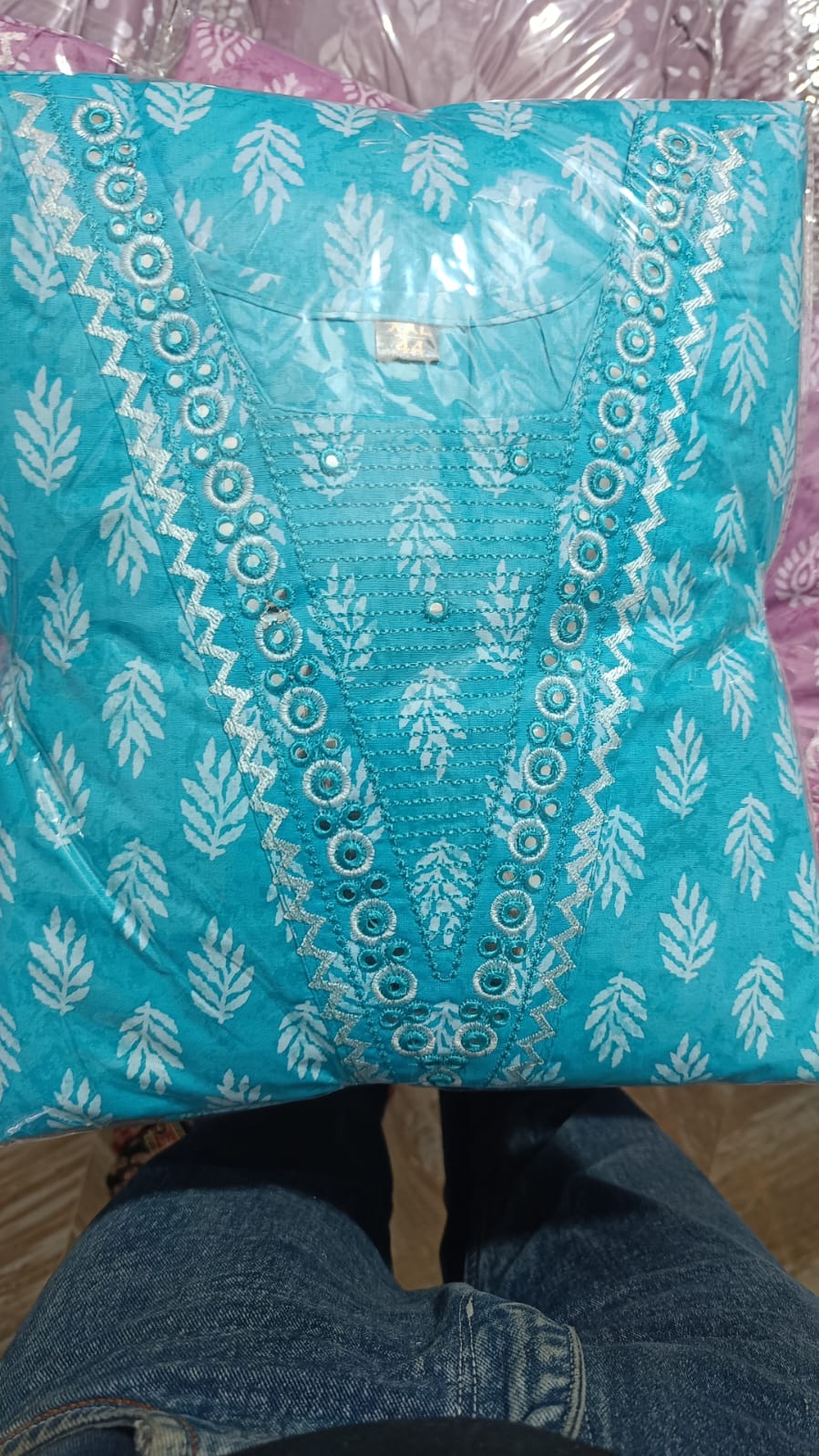 Mauve Lavender Cotton Printed Gopi Dress Set with Mirror & Threadwork Yoke
