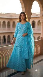 Mauve Lavender Cotton Printed Gopi Dress Set with Mirror & Threadwork Yoke