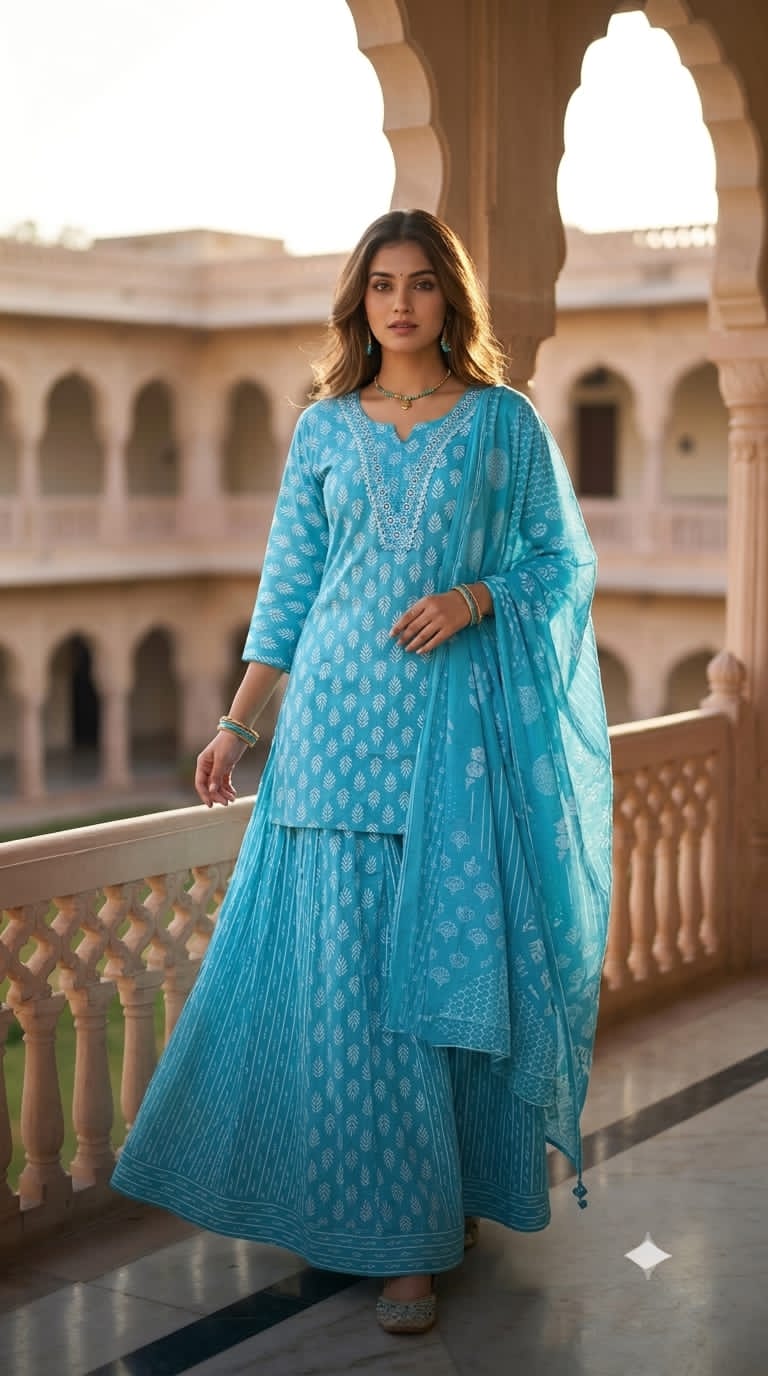 Mauve Lavender Cotton Printed Gopi Dress Set with Mirror & Threadwork Yoke