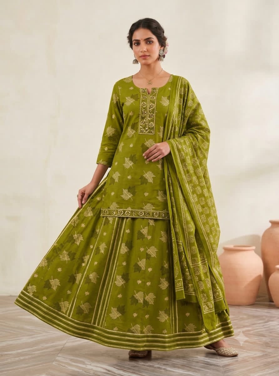 Mauve Lavender Cotton Printed Gopi Dress Set with Mirror & Threadwork Yoke