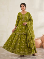 Mauve Lavender Cotton Printed Gopi Dress Set with Mirror & Threadwork Yoke