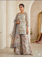 Mauve Lavender Cotton Printed Gopi Dress Set with Mirror & Threadwork Yoke
