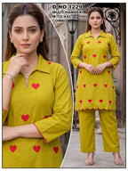 Rust Orange Mul Chanderi Heart Embroidered Shirt-Collar Kurti & Palazzo Co-Ord Set