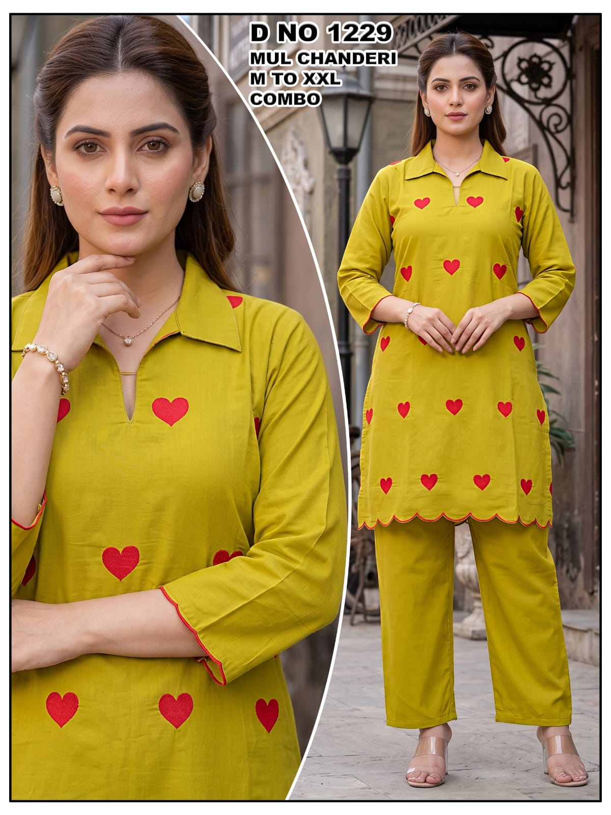 Rust Orange Mul Chanderi Heart Embroidered Shirt-Collar Kurti & Palazzo Co-Ord Set