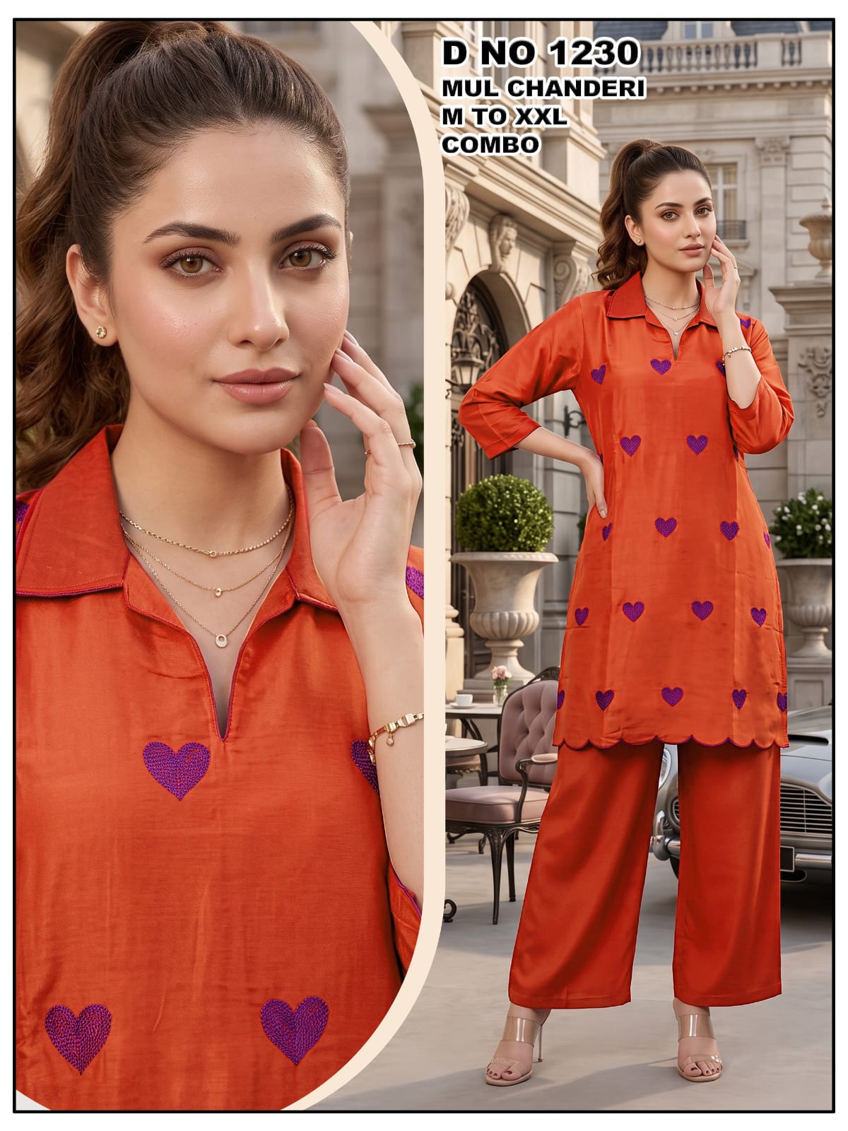 Rust Orange Mul Chanderi Heart Embroidered Shirt-Collar Kurti & Palazzo Co-Ord Set