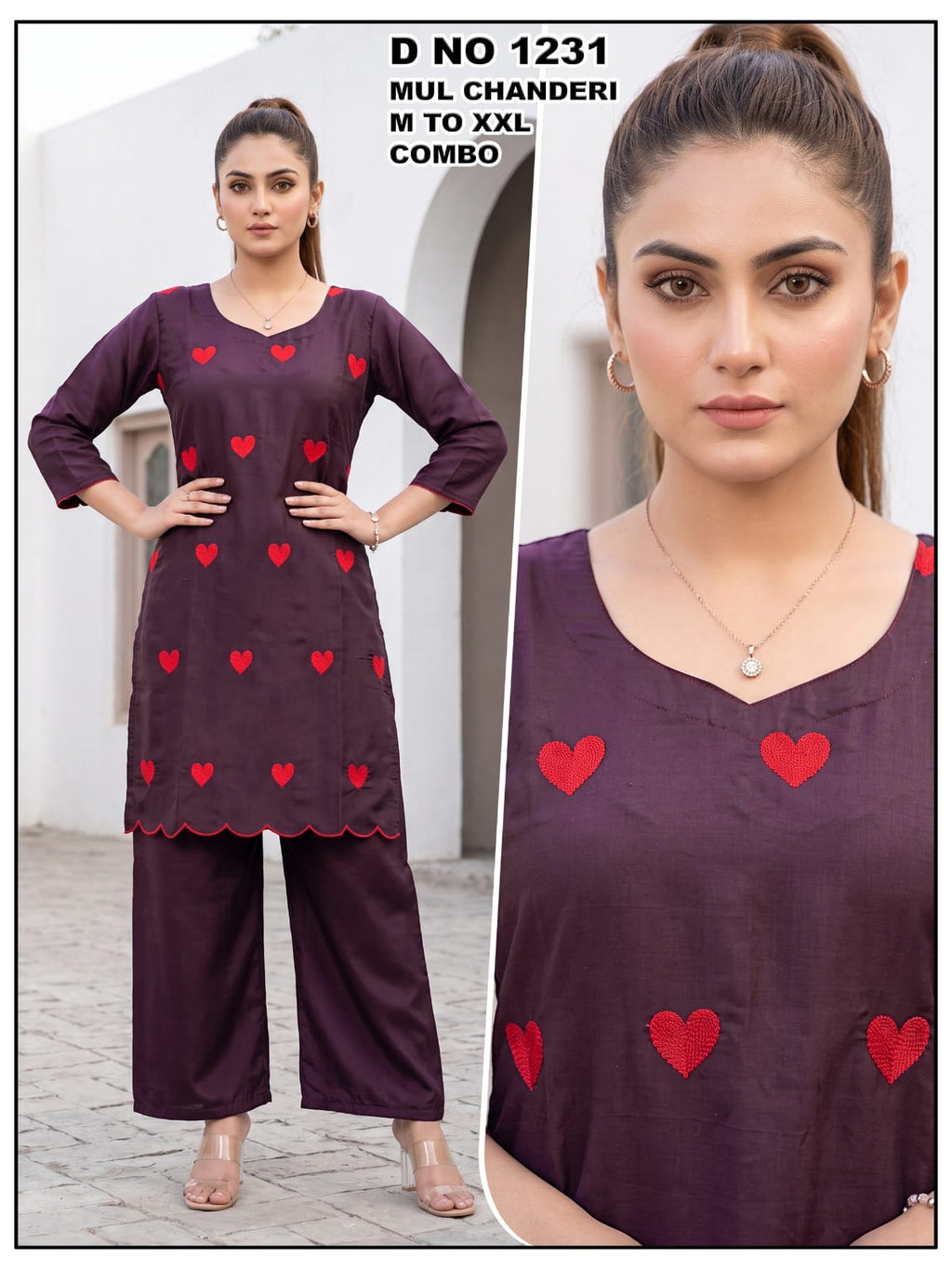 Rust Orange Mul Chanderi Heart Embroidered Shirt-Collar Kurti & Palazzo Co-Ord Set