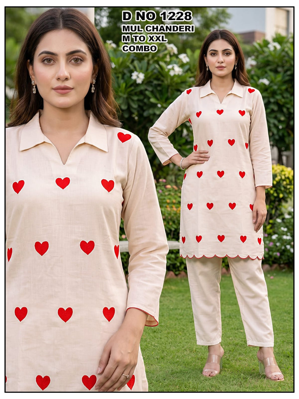 Rust Orange Mul Chanderi Heart Embroidered Shirt-Collar Kurti & Palazzo Co-Ord Set