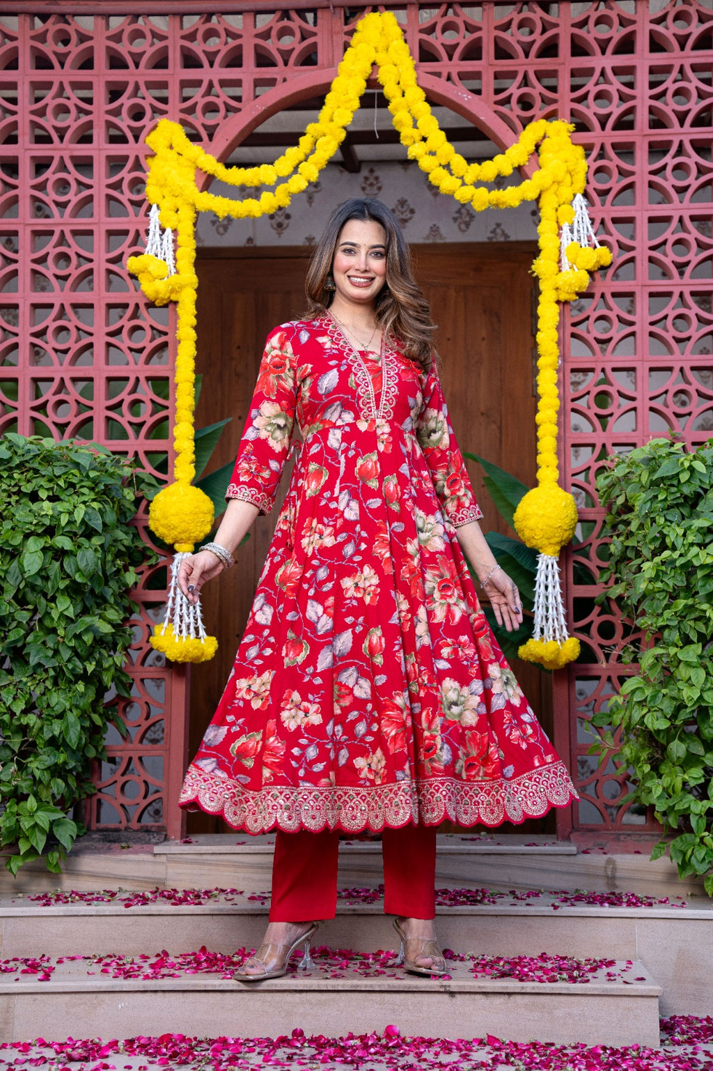 Crimson Red Floral Rayon Embroidered Anarkali Kurta Set with Bandhani Print Dupatta