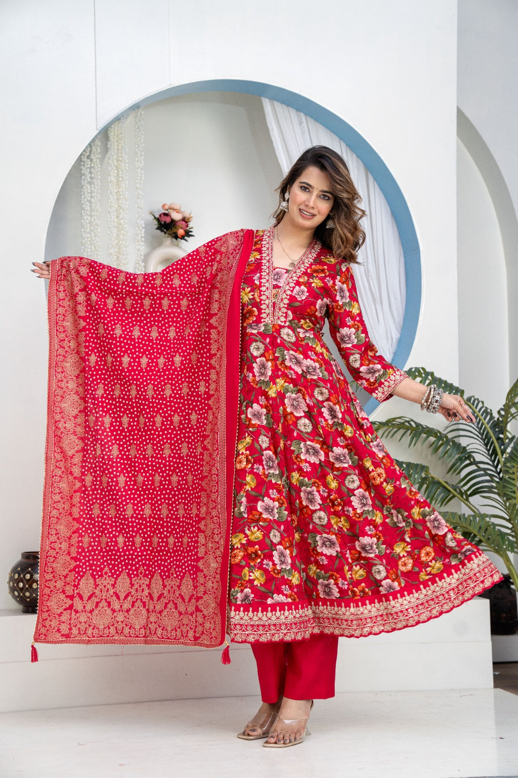 Crimson Red Floral Rayon Embroidered Anarkali Kurta Set with Bandhani Print Dupatta