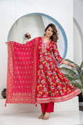 Crimson Red Floral Rayon Embroidered Anarkali Kurta Set with Bandhani Print Dupatta