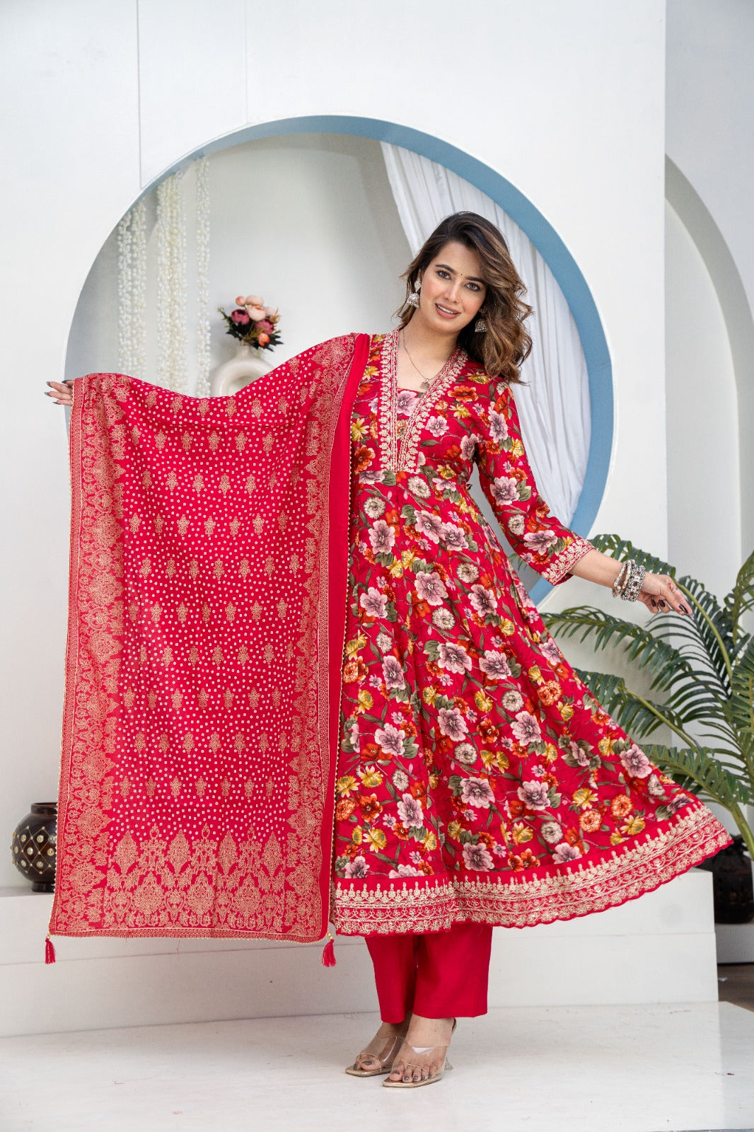 Crimson Red Floral Rayon Embroidered Anarkali Kurta Set with Bandhani Print Dupatta