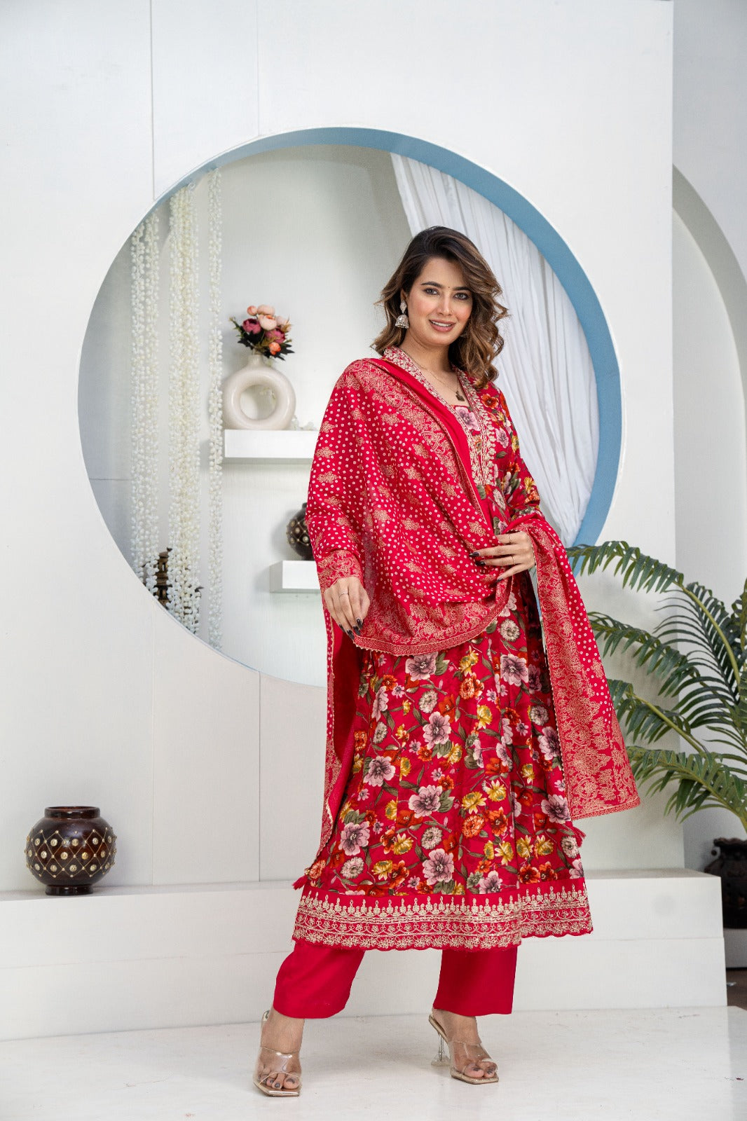 Crimson Red Floral Rayon Embroidered Anarkali Kurta Set with Bandhani Print Dupatta