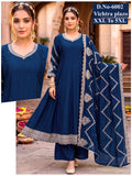 Royal Blue Vichitra Silk Embroidered Flared Kurta Set with Palazzo & Dupatta