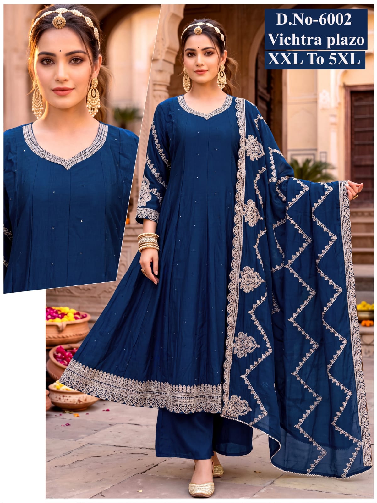 Royal Blue Vichitra Silk Embroidered Flared Kurta Set with Palazzo & Dupatta