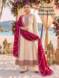 Cream & Magenta Vichitra Silk Embroidered Anarkali Kurta Set with Palazzo & Dupatta