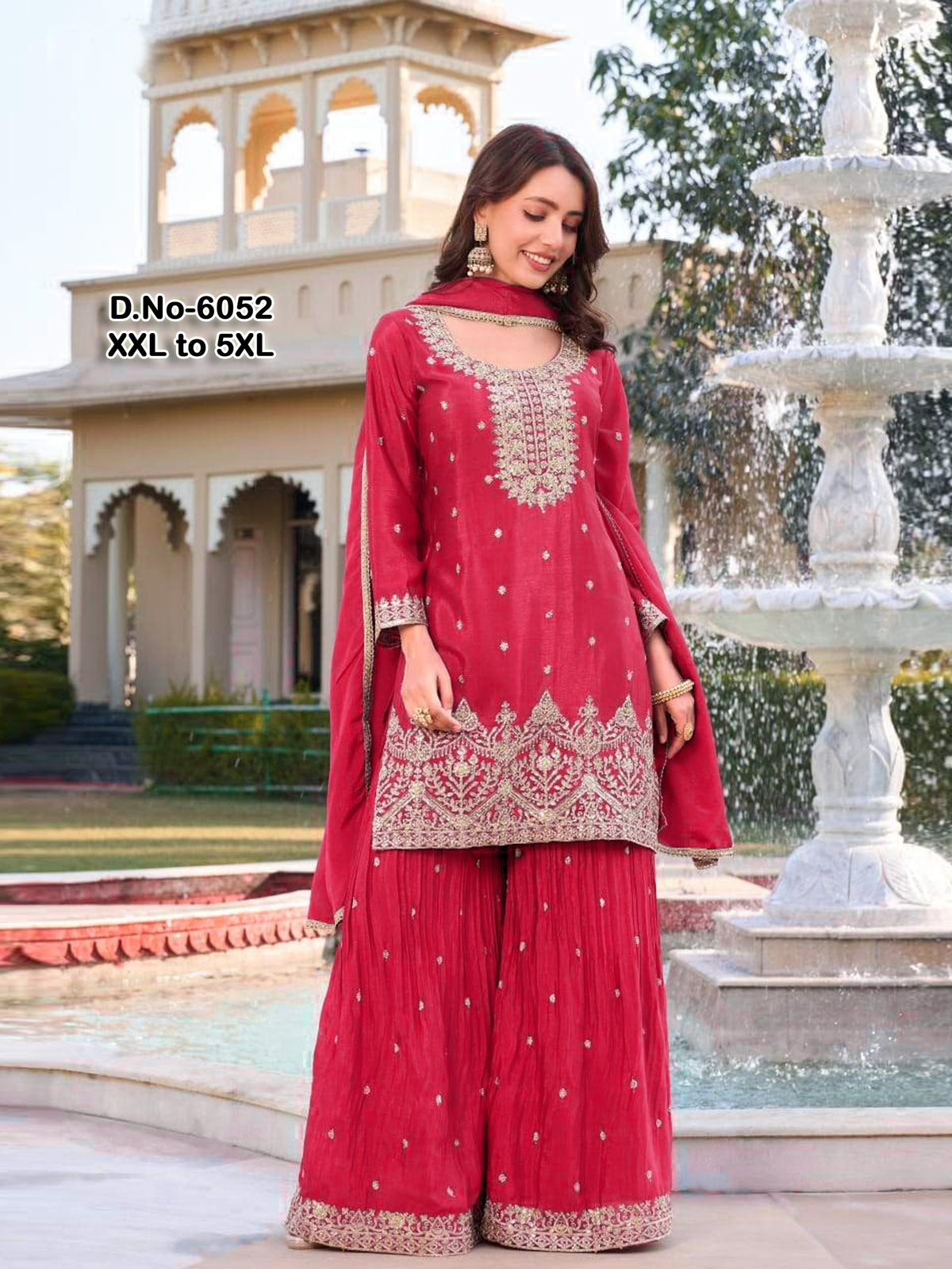 Deep Red Silk Heavily Embroidered Kurta Set with Flared Sharara & Dupatta