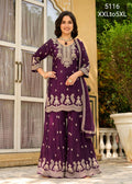 Deep Purple Silk Heavily Embroidered Kurta Set with Flared Sharara & Dupatta 3pc