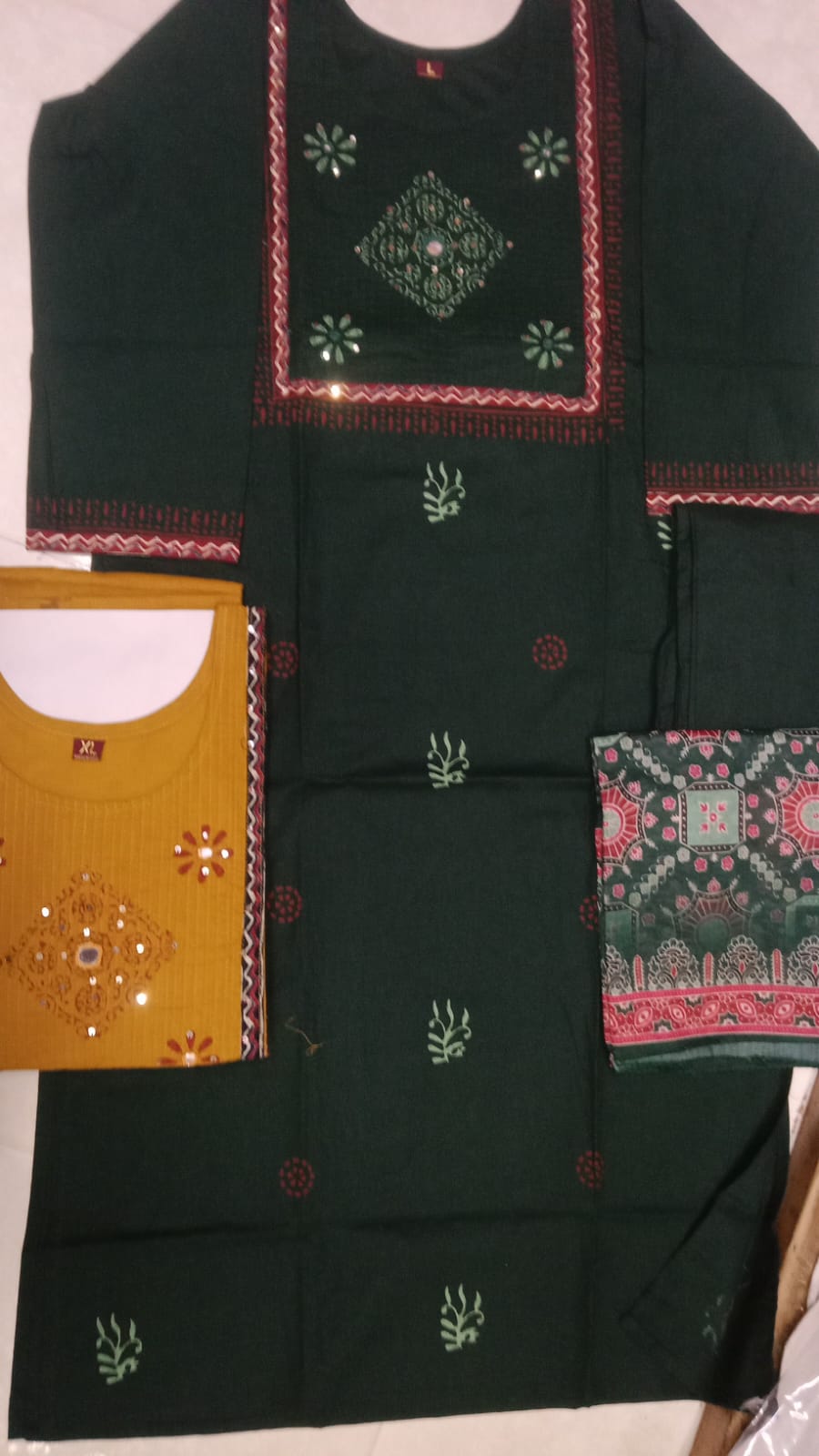 Swaadesh Dhabu Cotton Embroidered Kurti Set with Palazzo & Printed Dupatta 3pc