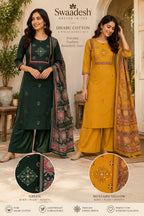 Swaadesh Dhabu Cotton Embroidered Kurti Set with Palazzo & Printed Dupatta 3pc