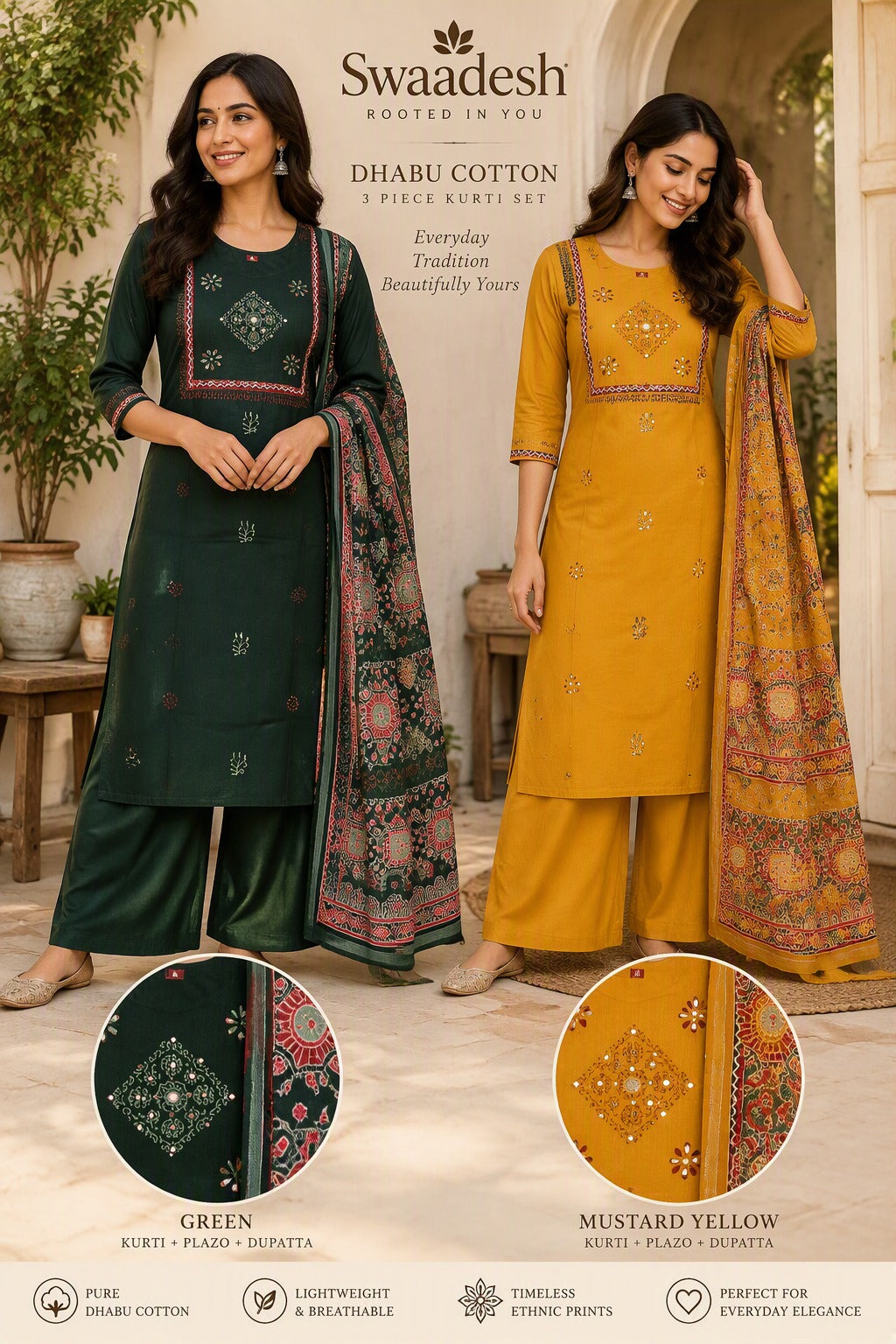 Swaadesh Dhabu Cotton Embroidered Kurti Set with Palazzo & Printed Dupatta 3pc