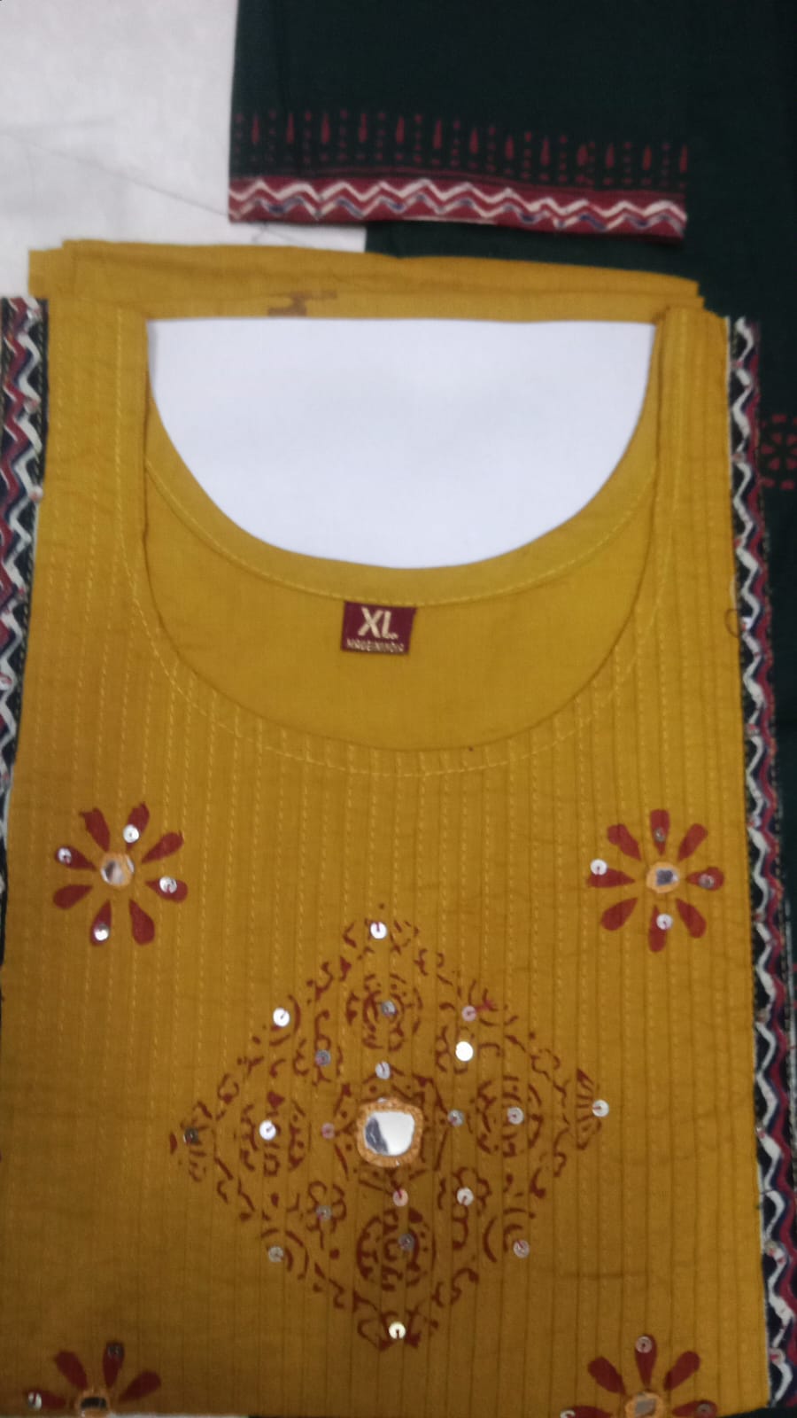 Swaadesh Dhabu Cotton Embroidered Kurti Set with Palazzo & Printed Dupatta 3pc