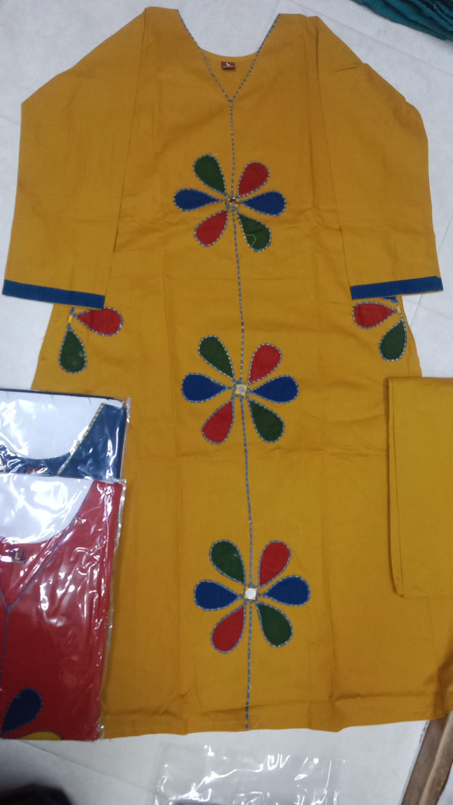 Mustard Yellow Dhabu Cotton Floral Appliqué Kurti Set with Bottom