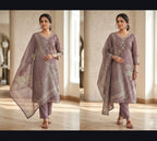 Off-White & Lavender Bundi Silk Floral Printed Kurti Set with Bottom & Dupatta 3pc
